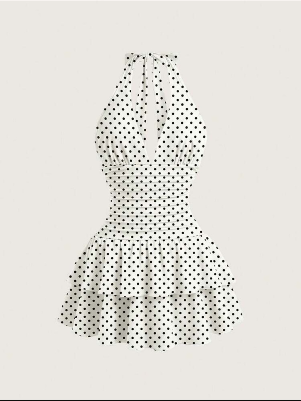 Polka Dot Halter Tiered Mini Dress - White/Black